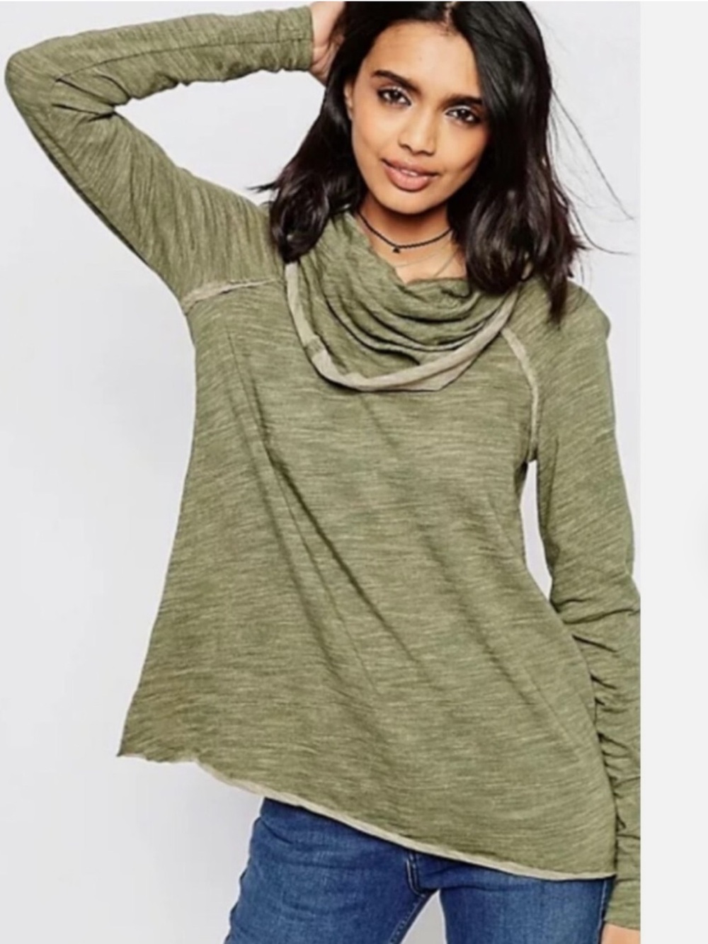 Free People Beach Cacoon cotton cowl neck bohemian top in olive green